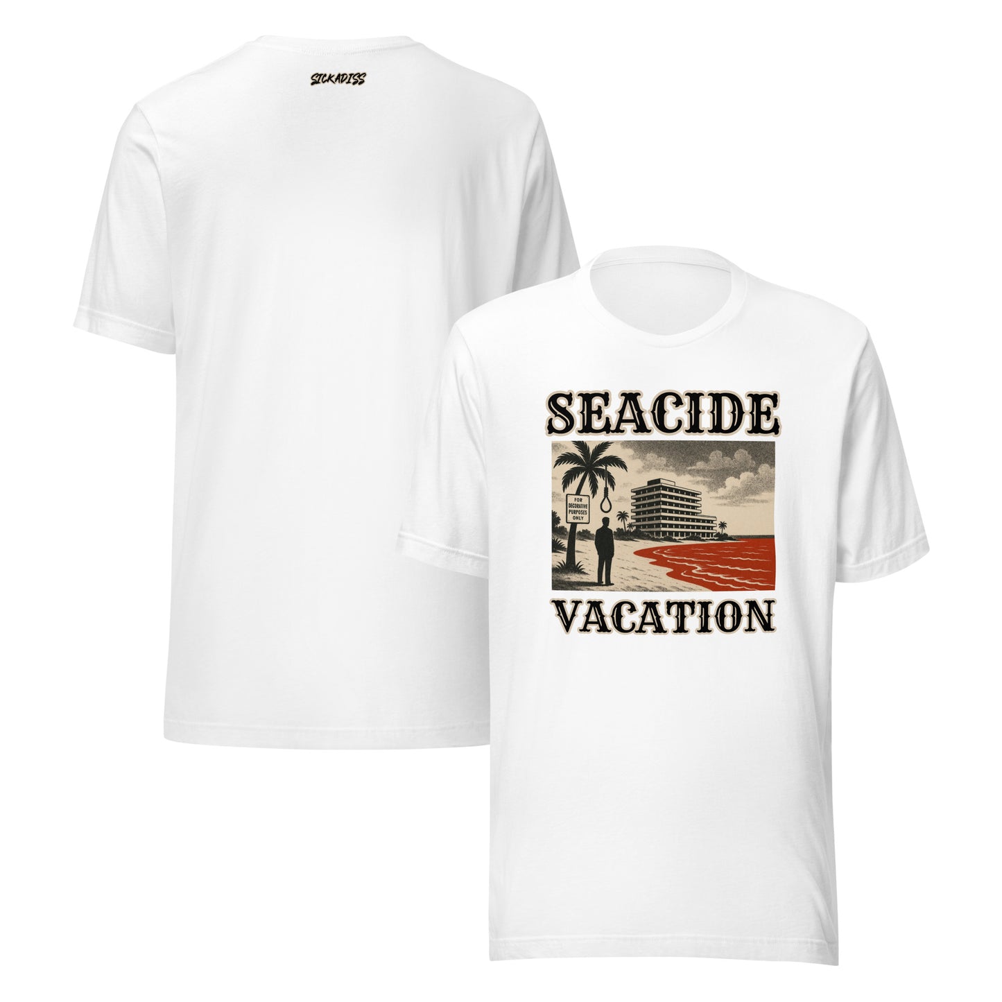 Seacide Vacation white unisex T-shirt front graphic