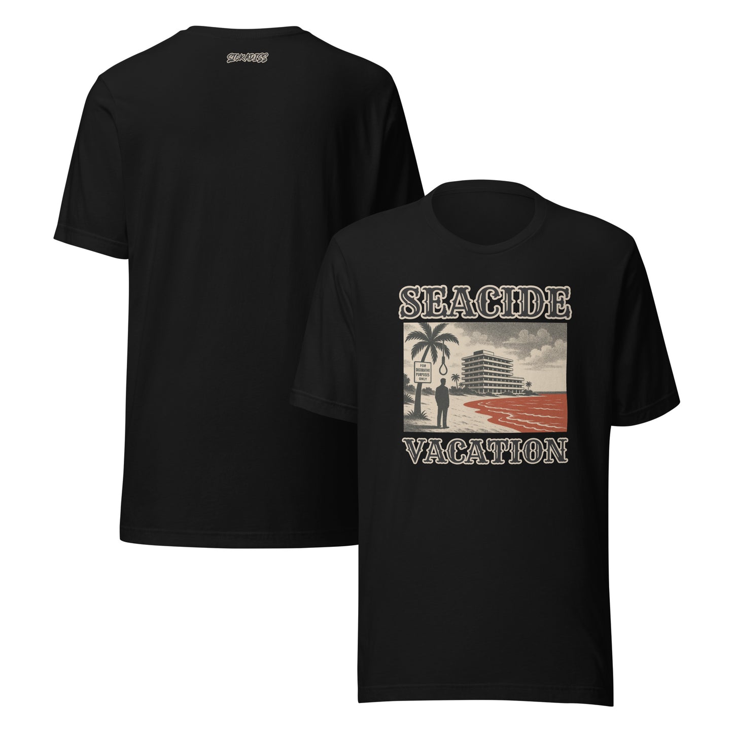 Seacide Vacation black unisex T-shirt front graphic