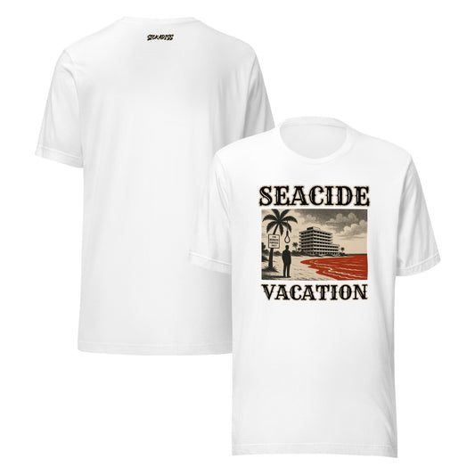 Seacide Vacation white unisex T-shirt front graphic